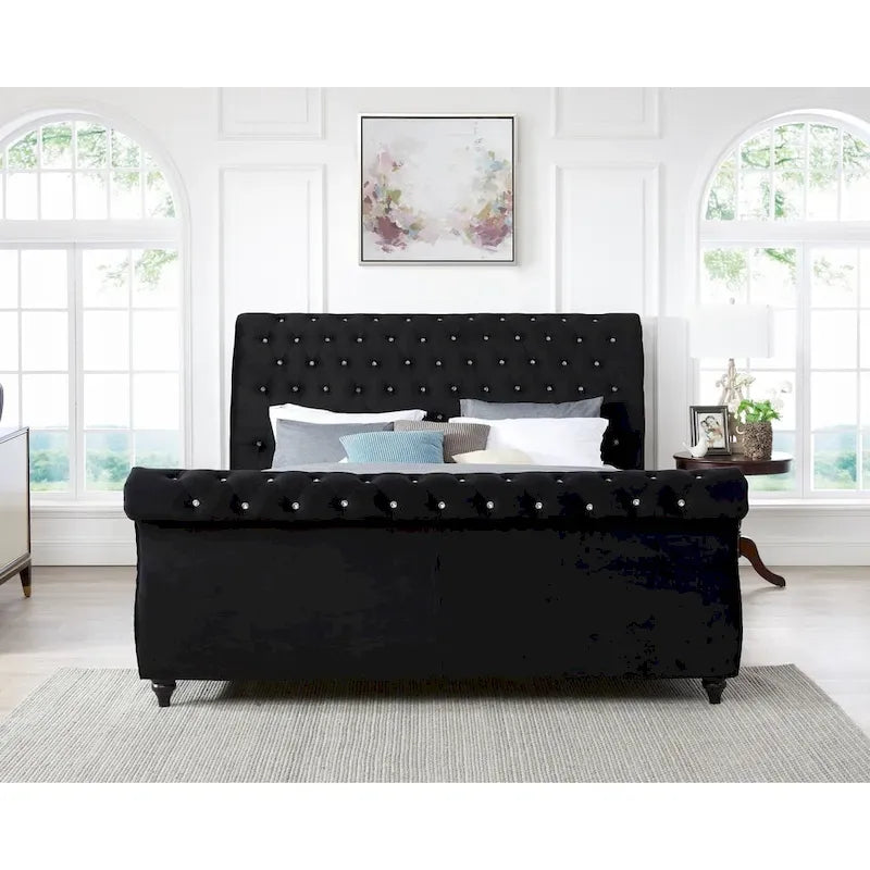 Black Velvet Crystal Button-Tufted Sleigh Bed