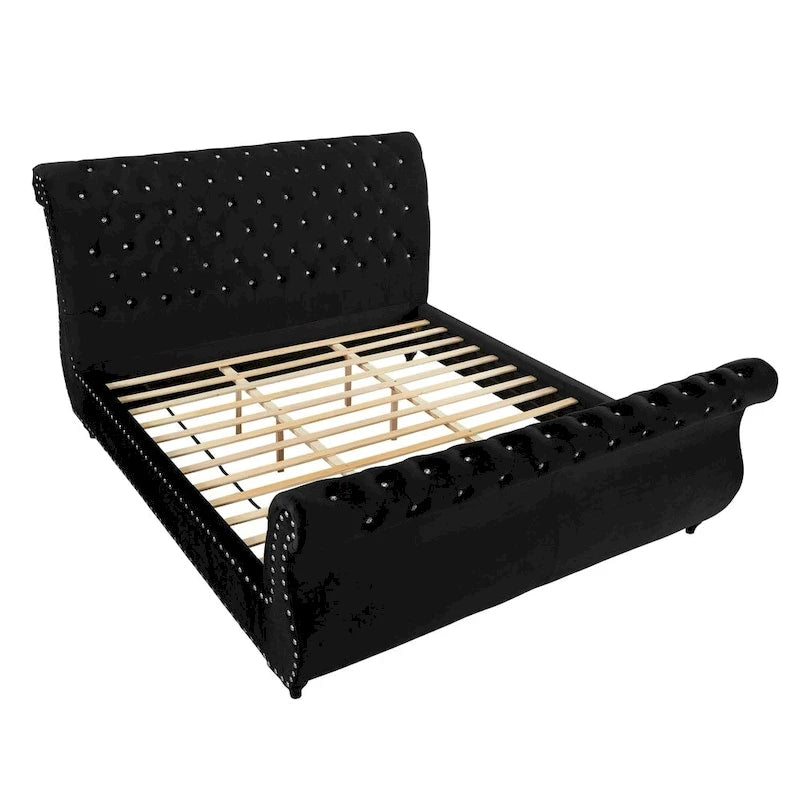 Black Velvet Crystal Button-Tufted Sleigh Bed