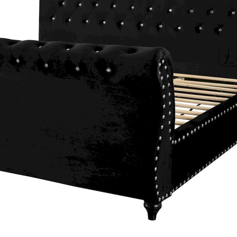 Black Velvet Crystal Button-Tufted Sleigh Bed