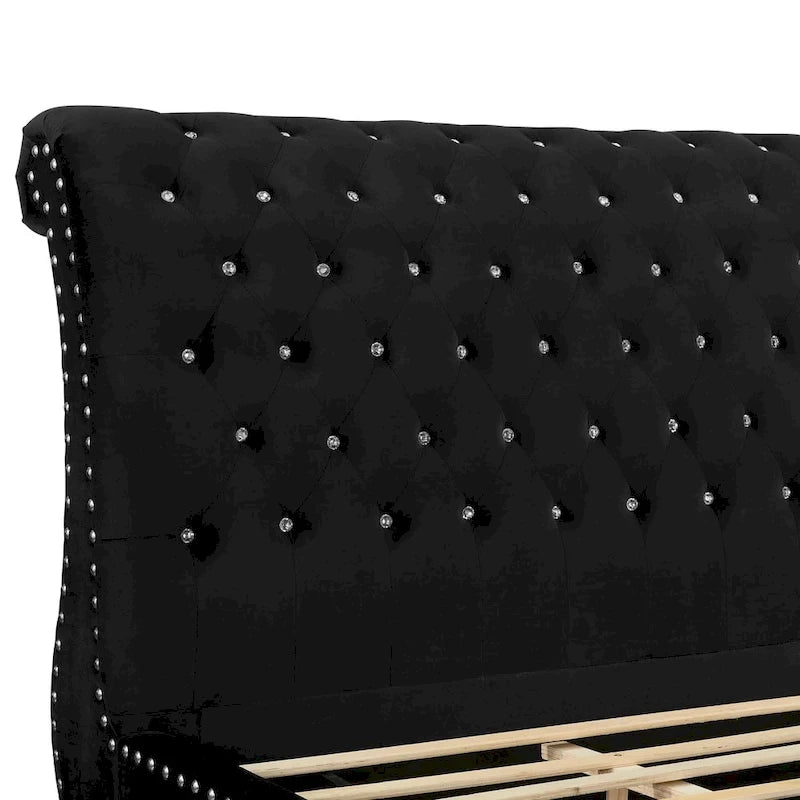 Black Velvet Crystal Button-Tufted Sleigh Bed