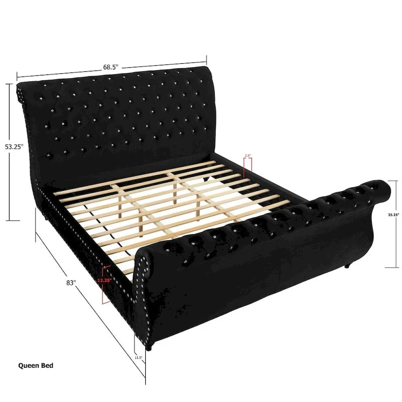 Black Velvet Crystal Button-Tufted Sleigh Bed