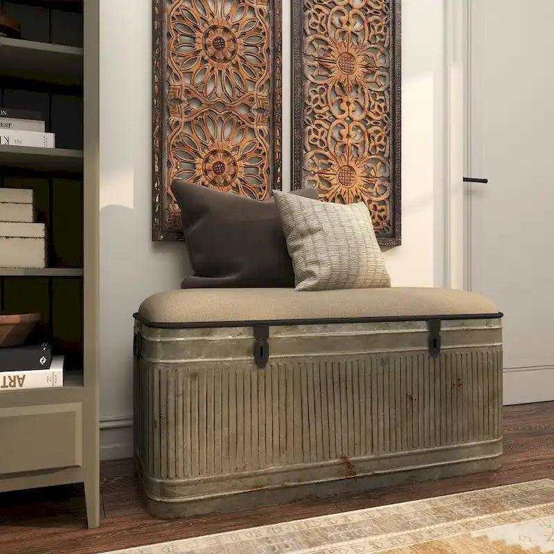 18-inch Grey Metal Fabric Bench