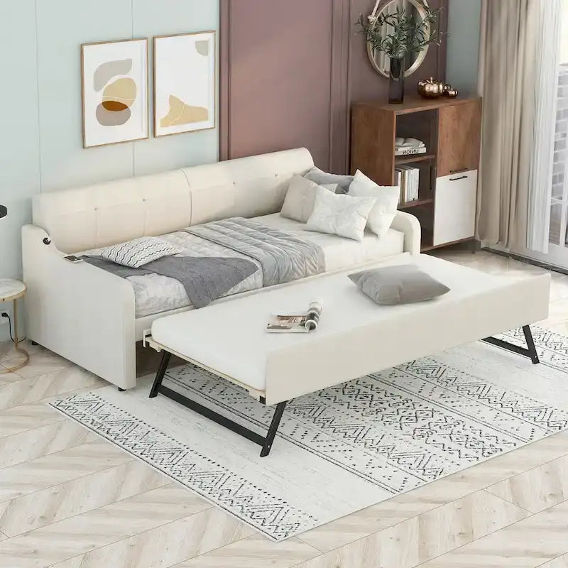 Twin Size Upholstery Daybed with Trundle and USB Charging Design,Trundle can be flat or erected,Beige