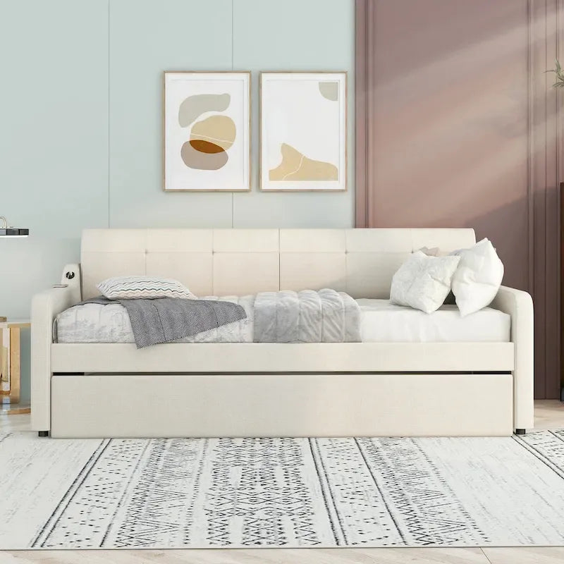 Twin Size Upholstery Daybed with Trundle and USB Charging Design,Trundle can be flat or erected,Beige