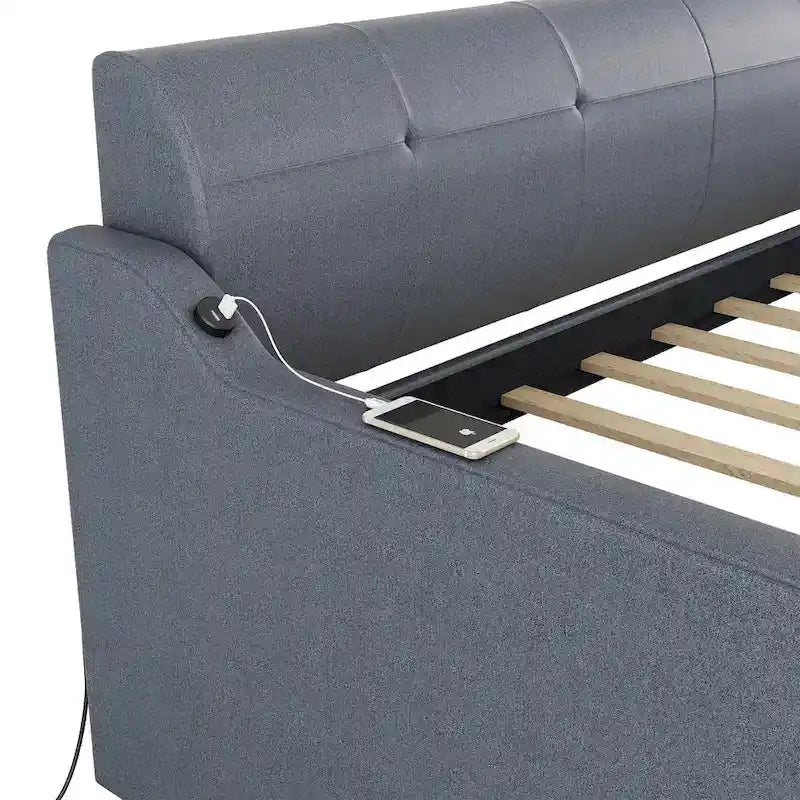Twin Size Upholstery Daybed with Trundle and USB Charging Design,Trundle can be flat or erected,Beige