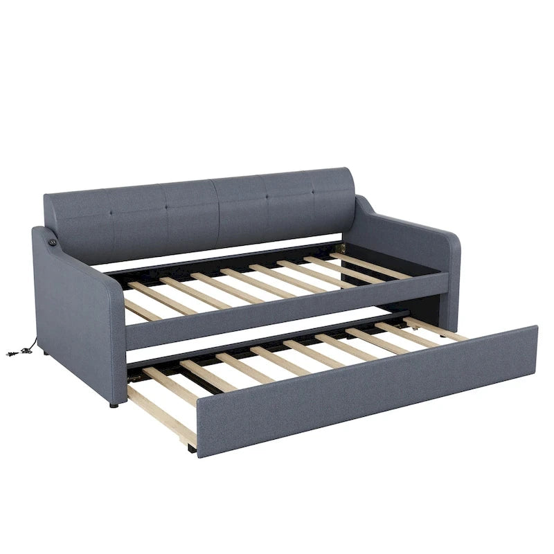 Twin Size Upholstery Daybed with Trundle and USB Charging Design,Trundle can be flat or erected,Beige
