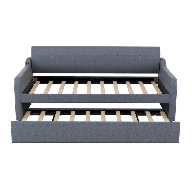 Twin Size Upholstery Daybed with Trundle and USB Charging Design,Trundle can be flat or erected,Beige