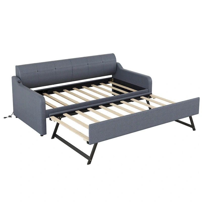 Twin Size Upholstery Daybed with Trundle and USB Charging Design,Trundle can be flat or erected,Beige