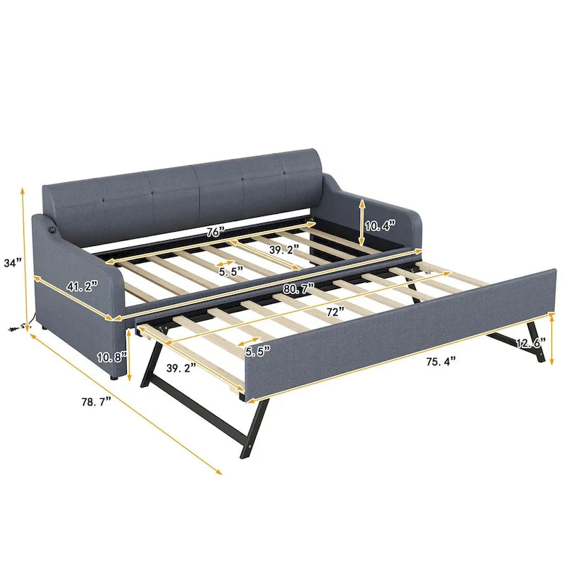 Twin Size Upholstery Daybed with Trundle and USB Charging Design,Trundle can be flat or erected,Beige