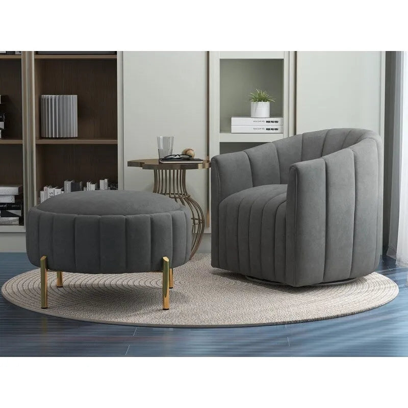Contemporary Tufted Velvet Swivel Club Chair with Ottoman
