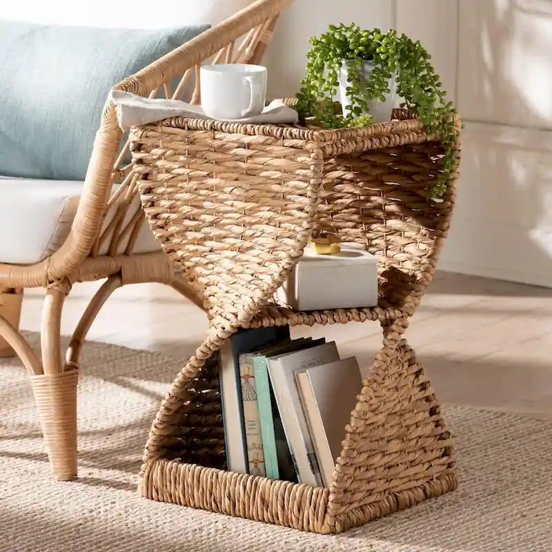 Modern Bohemian Seagrass and Metal End Table