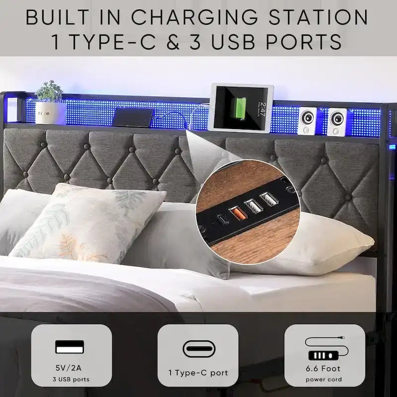Queen Bed Frame with Charging Station and LED Lights, Upholstered Platform Bed with Heavy Metal Slats, No Box Spring Needed