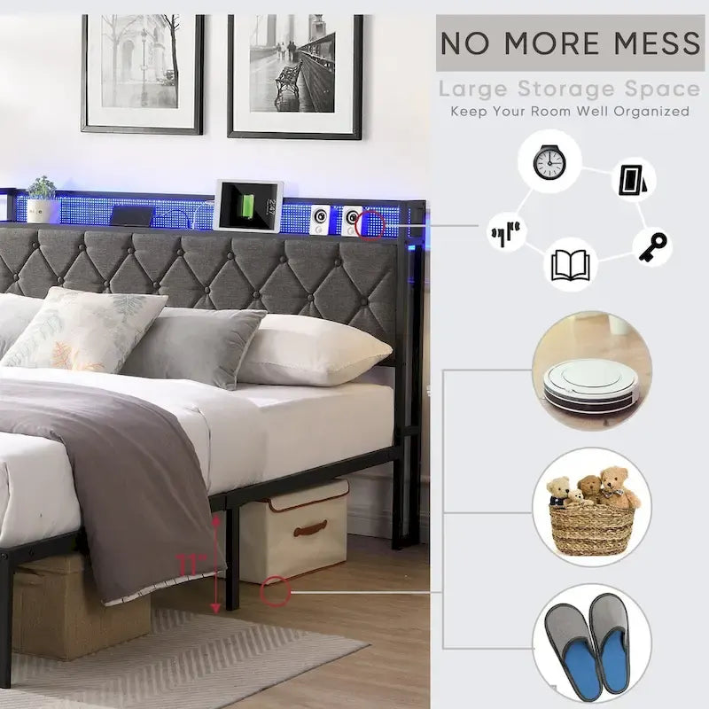 Queen Bed Frame with Charging Station and LED Lights, Upholstered Platform Bed with Heavy Metal Slats, No Box Spring Needed