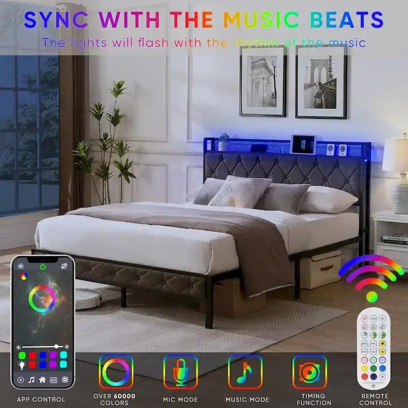 Queen Bed Frame with Charging Station and LED Lights, Upholstered Platform Bed with Heavy Metal Slats, No Box Spring Needed