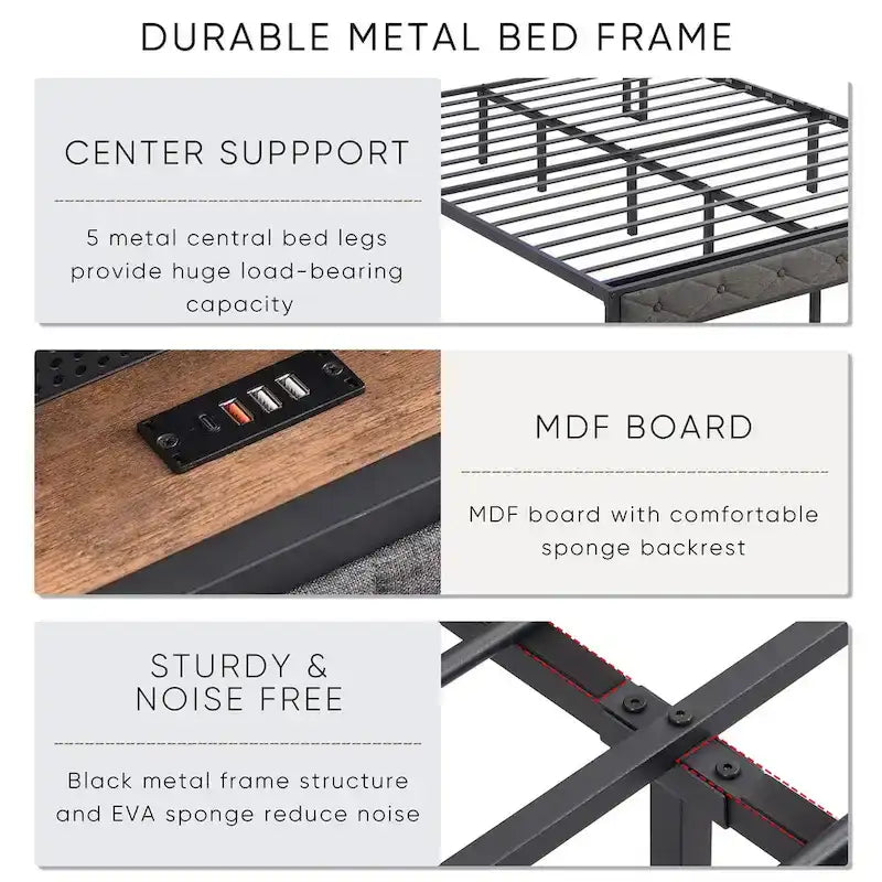 Queen Bed Frame with Charging Station and LED Lights, Upholstered Platform Bed with Heavy Metal Slats, No Box Spring Needed