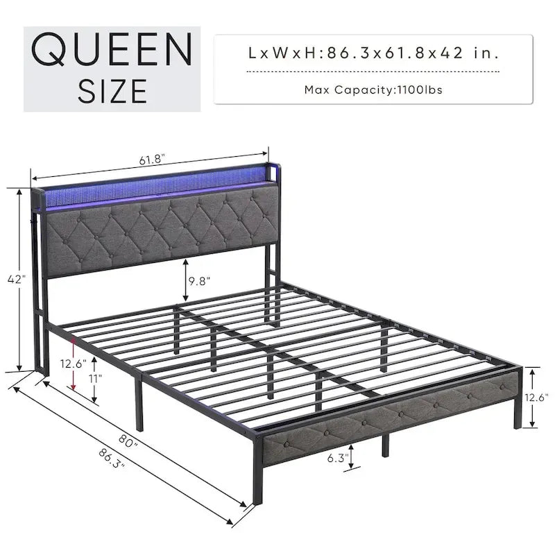 Queen Bed Frame with Charging Station and LED Lights, Upholstered Platform Bed with Heavy Metal Slats, No Box Spring Needed