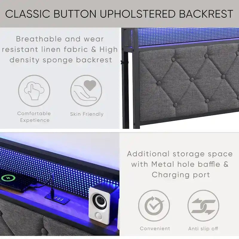 Queen Bed Frame with Charging Station and LED Lights, Upholstered Platform Bed with Heavy Metal Slats, No Box Spring Needed