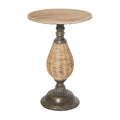 Round Wood Accent Table with Rattan and Black Metal Base