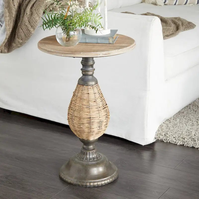 Round Wood Accent Table with Rattan and Black Metal Base