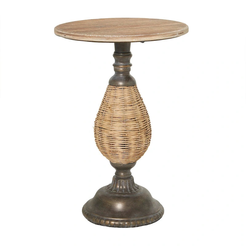 Round Wood Accent Table with Rattan and Black Metal Base