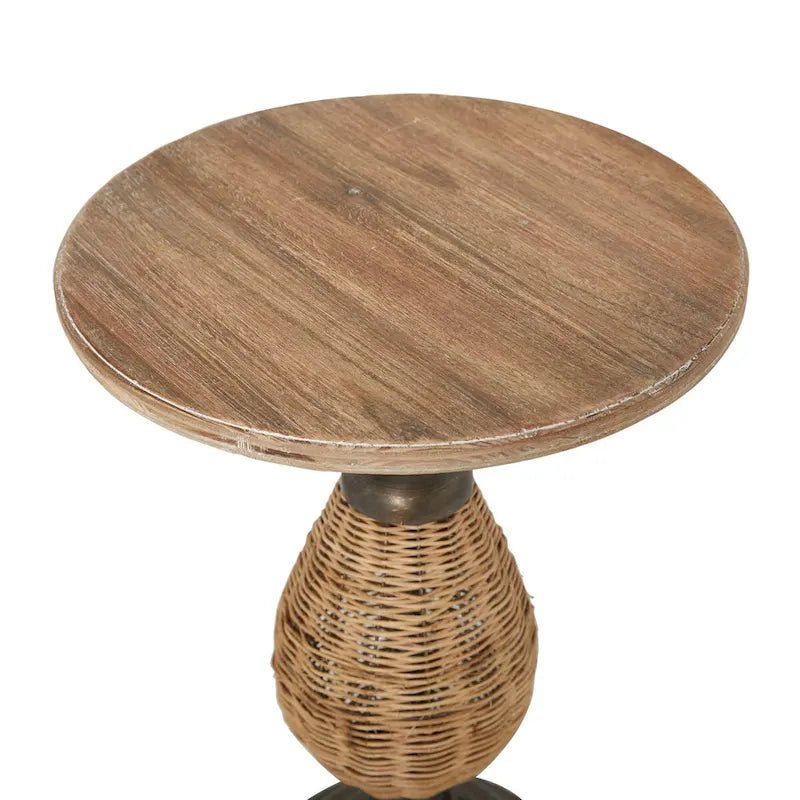Round Wood Accent Table with Rattan and Black Metal Base