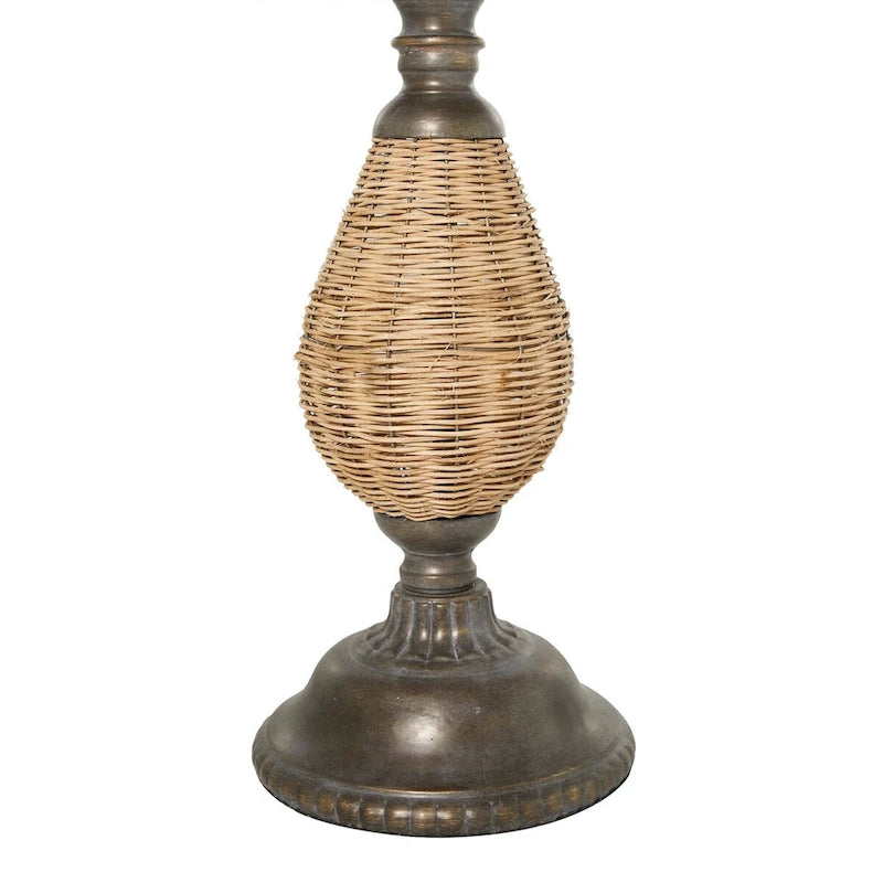 Round Wood Accent Table with Rattan and Black Metal Base