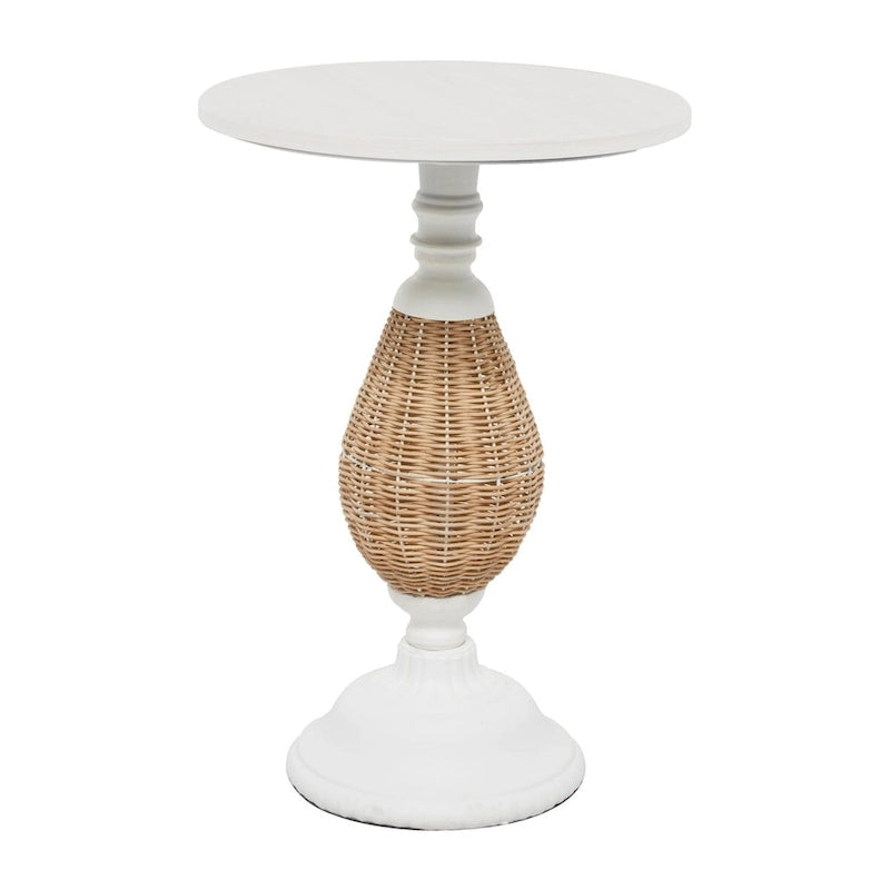 Round Wood Accent Table with Rattan and Black Metal Base