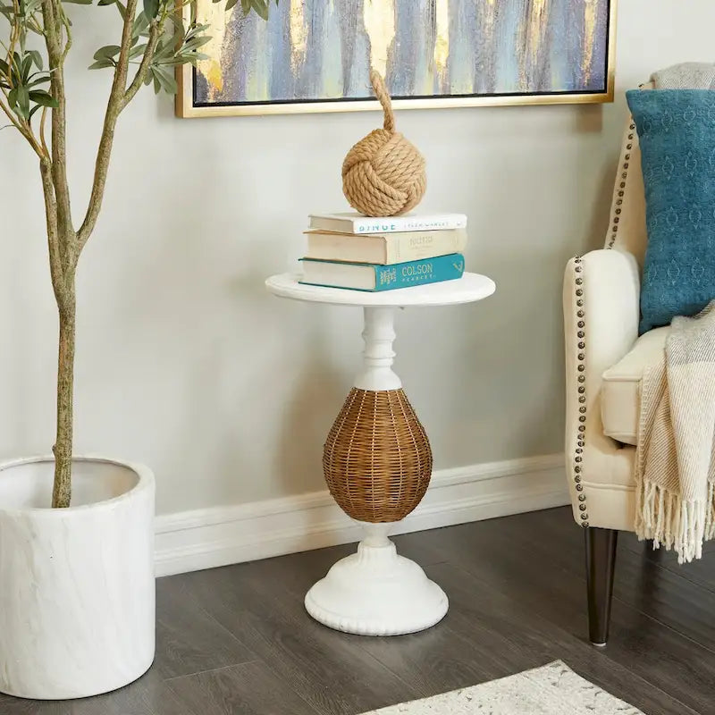 Round Wood Accent Table with Rattan and Black Metal Base