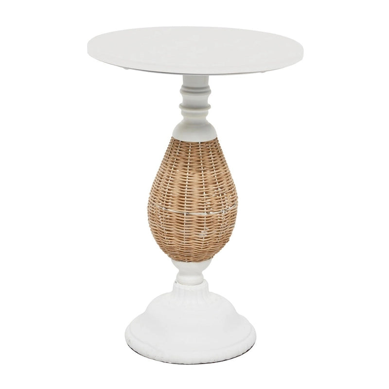 Round Wood Accent Table with Rattan and Black Metal Base