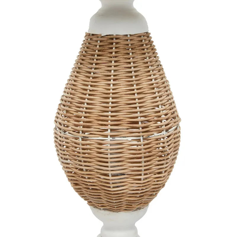 Round Wood Accent Table with Rattan and Black Metal Base
