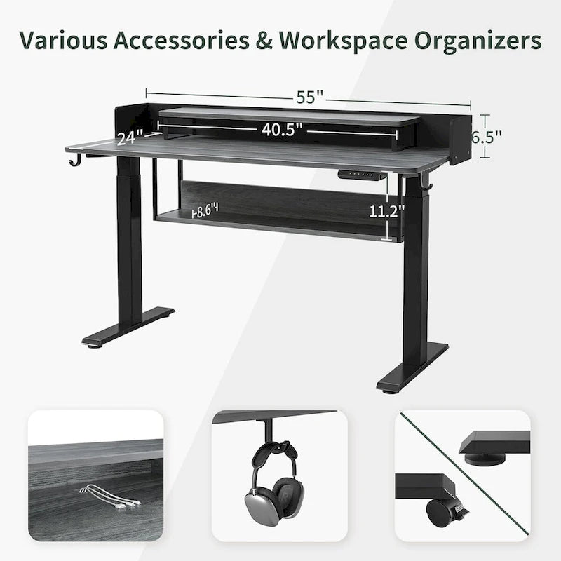Electric Standing Desk with Shelves and Monitor Stand