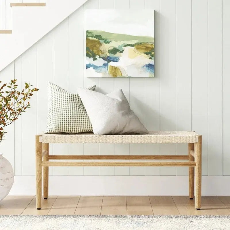 Boho Solid Wood Bench with Woven Rope Seat and Rubber Wood Legs