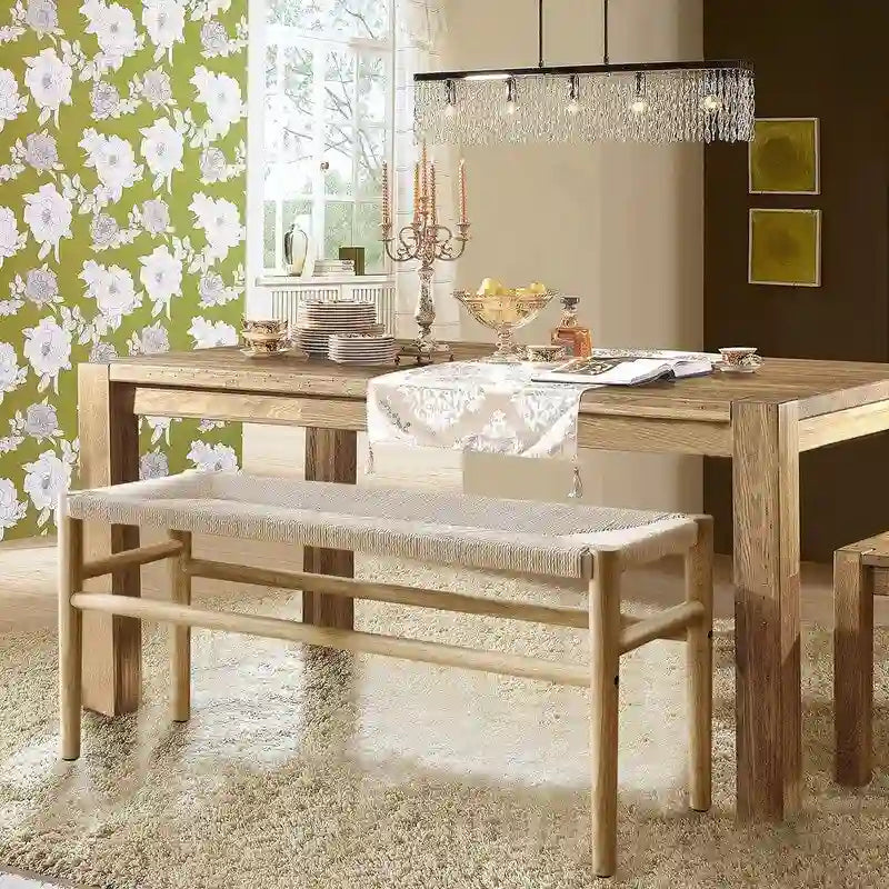 Boho Solid Wood Bench with Woven Rope Seat and Rubber Wood Legs