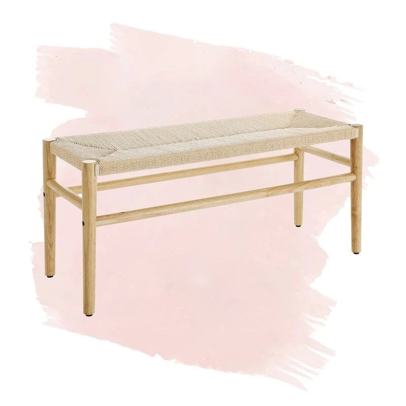 Boho Solid Wood Bench with Woven Rope Seat and Rubber Wood Legs