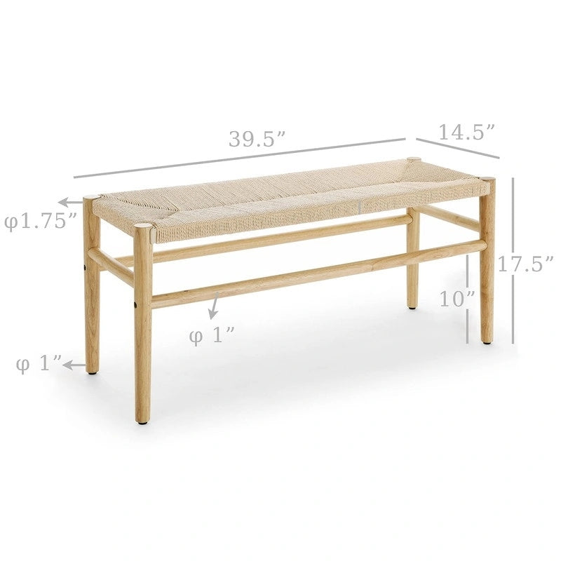 Boho Solid Wood Bench with Woven Rope Seat and Rubber Wood Legs