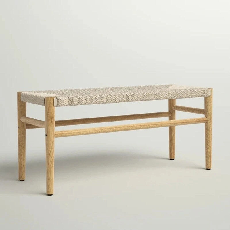 Boho Solid Wood Bench with Woven Rope Seat and Rubber Wood Legs