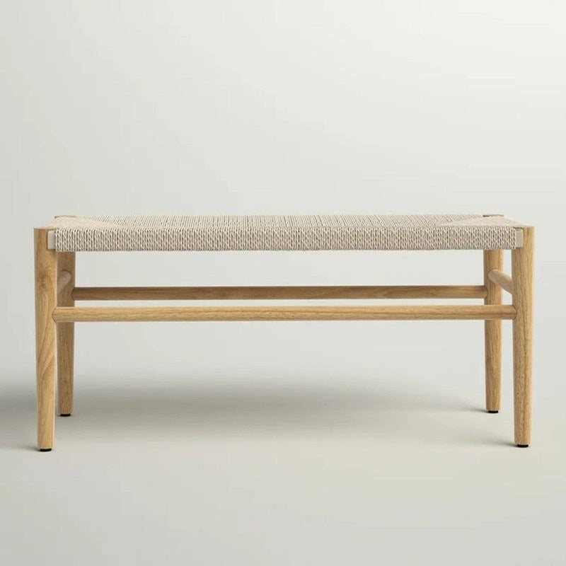 Boho Solid Wood Bench with Woven Rope Seat and Rubber Wood Legs