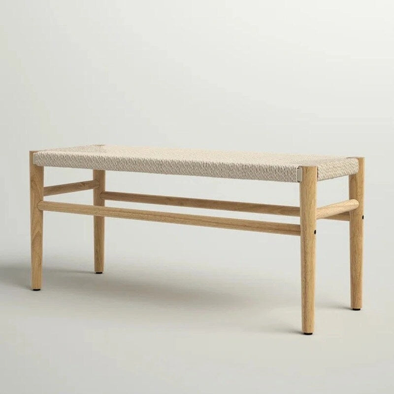 Boho Solid Wood Bench with Woven Rope Seat and Rubber Wood Legs