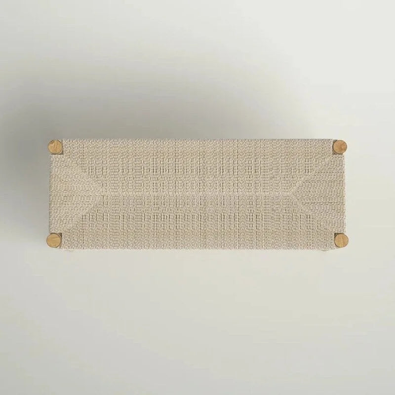 Boho Solid Wood Bench with Woven Rope Seat and Rubber Wood Legs