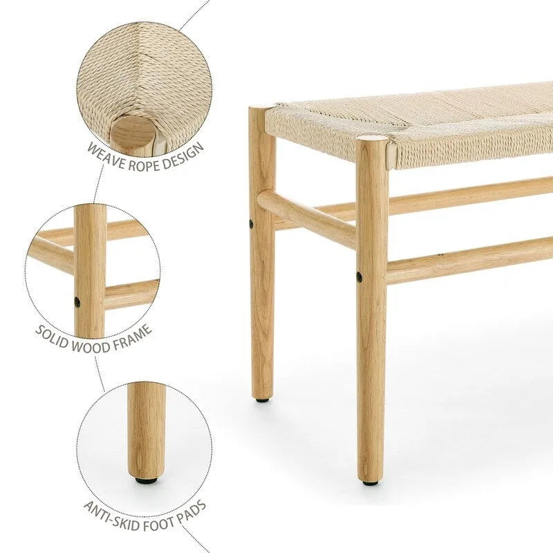 Boho Solid Wood Bench with Woven Rope Seat and Rubber Wood Legs