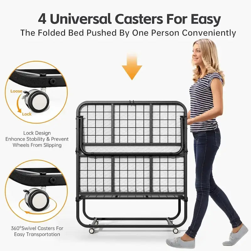 Roll away Space-Saving Sturdy Metal Frame Folding Guest Bed with 5 Thick Mattress
