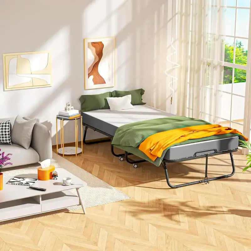Roll away Space-Saving Sturdy Metal Frame Folding Guest Bed with 5 Thick Mattress