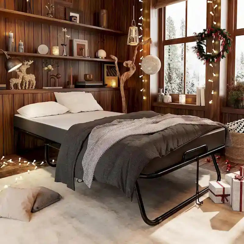 Roll away Space-Saving Sturdy Metal Frame Folding Guest Bed with 5 Thick Mattress