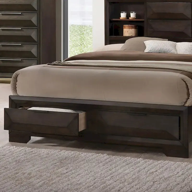Transitional Espresso Wood Bookcase Headboard Platform Bed with Footboard Storage