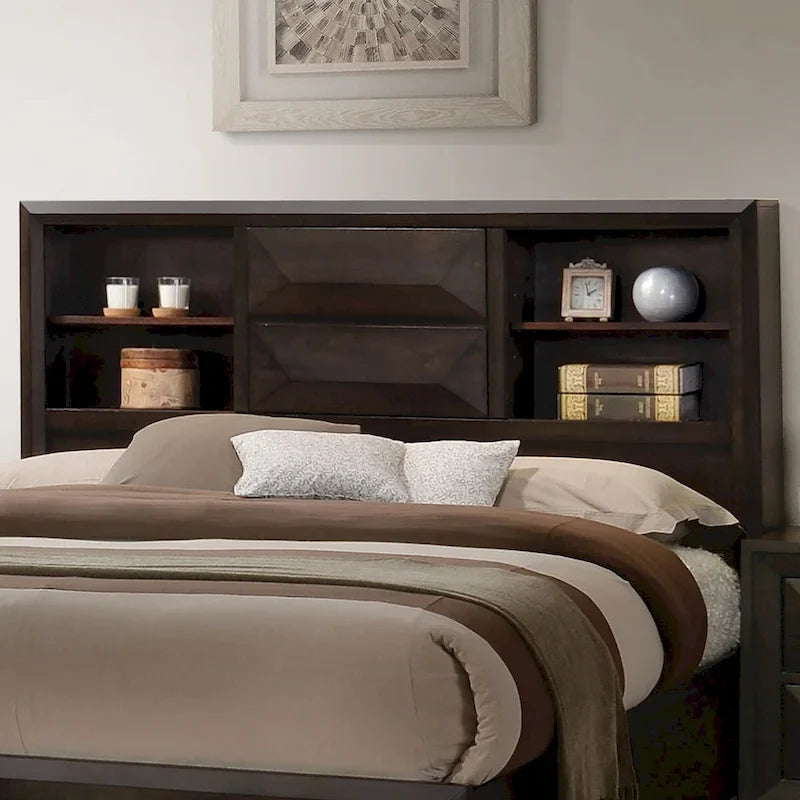 Transitional Espresso Wood Bookcase Headboard Platform Bed with Footboard Storage